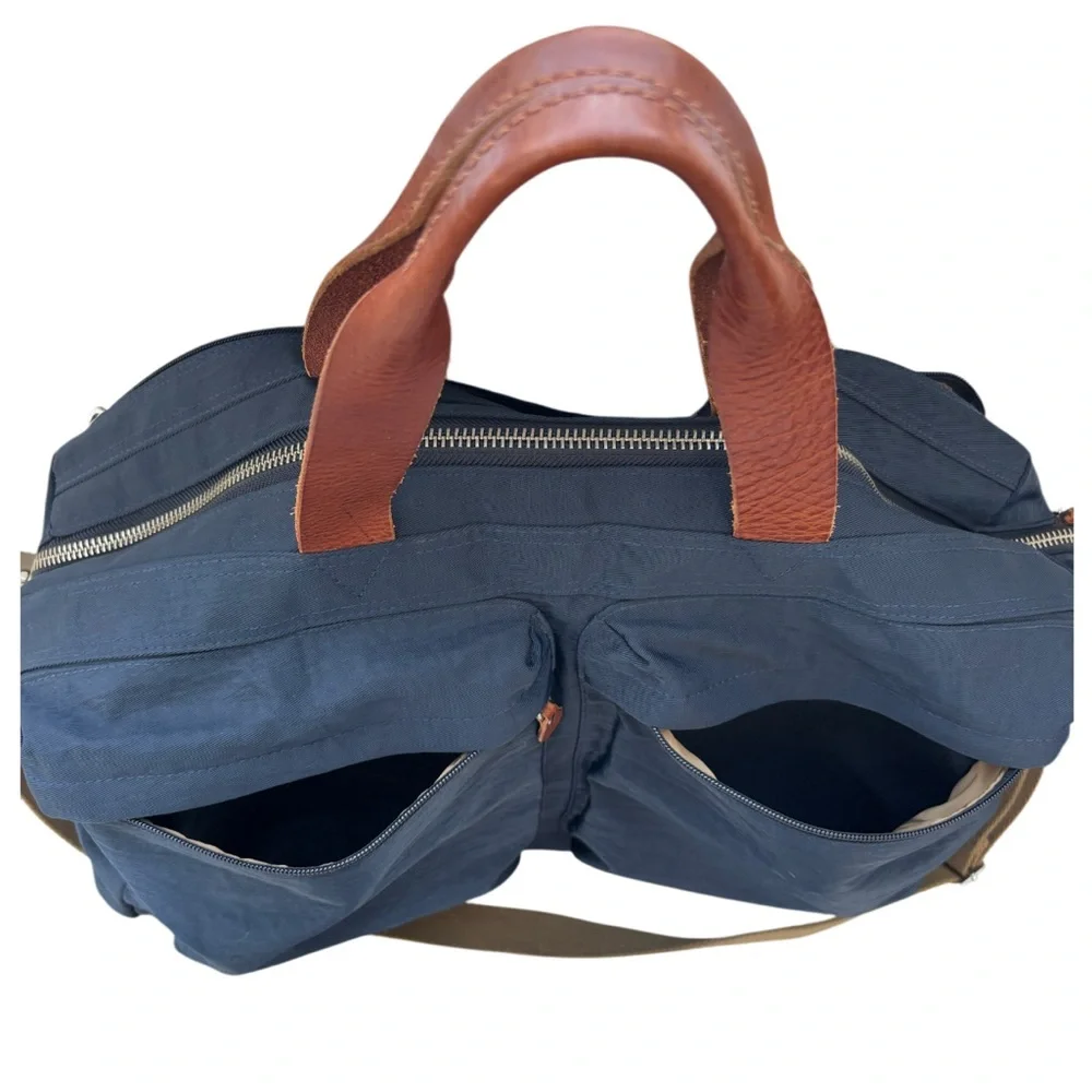 J Crew Duffle Bag Harwick Overnight Bag Weekend Travel Leather Fabric Navy Brown